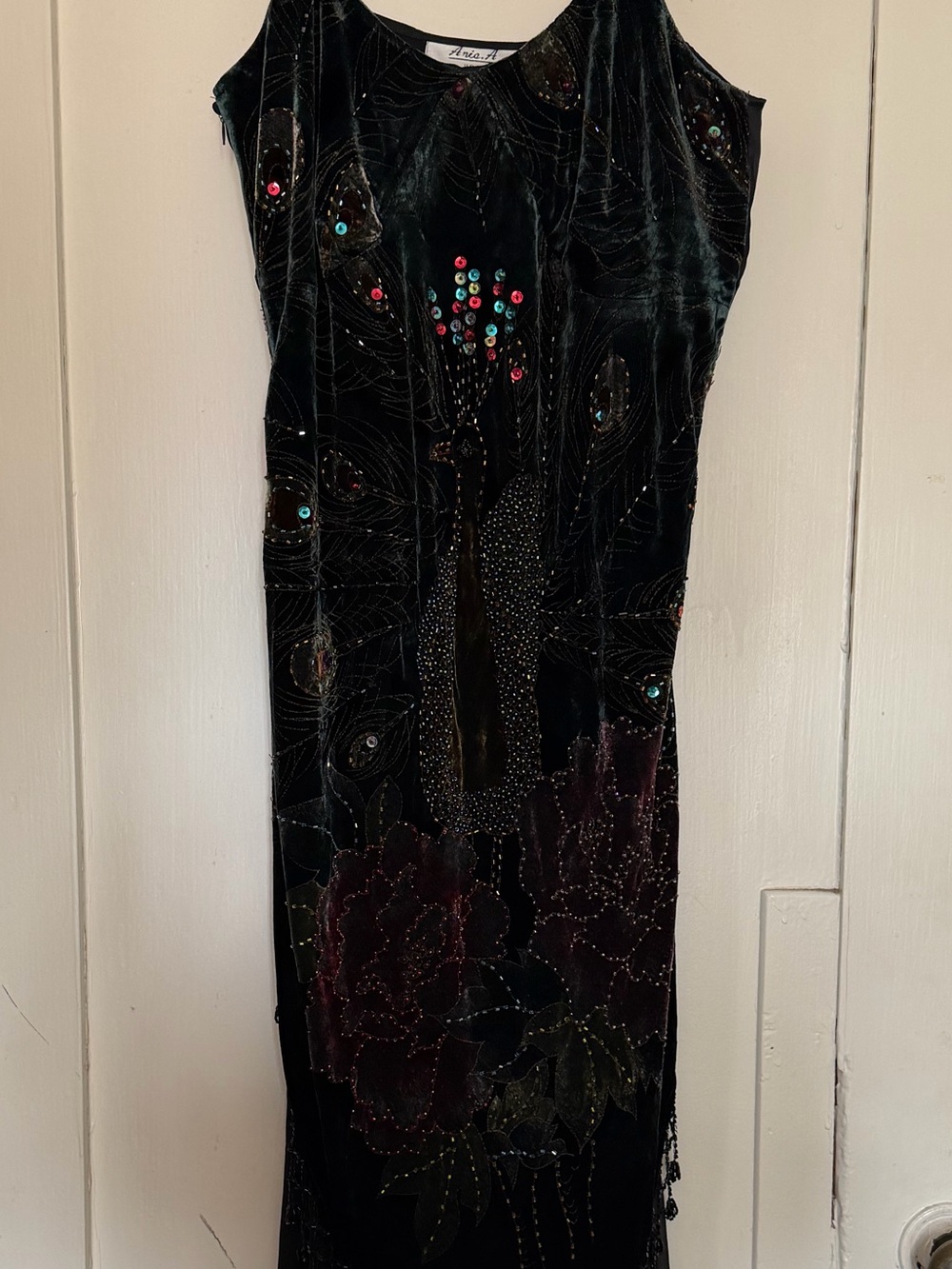 Deadstock Y2K Aris. A Green Silk Velvet Beaded Peacock Maxi Sz M